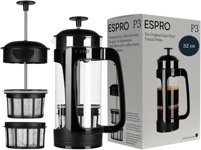 ESPRO - P3 French Press - Double Micro-Filtered Coffee and Tea Maker, Grit-Free and Bitterness-Free Brews, Ideal for Loose Tea and Coffee Grounds - (Black, 32 Oz)