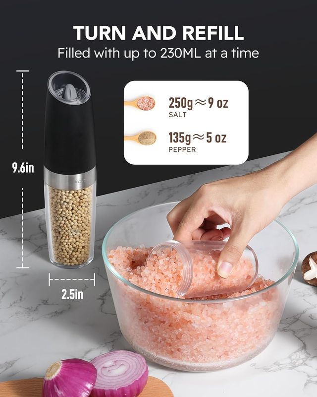 FORLIM Electric Salt and Pepper Grinder Set, Upgraded 9 Oz Capacity Refillable Battery Operated Automatic Salt and Pepper Grinder Shakers Mill, Adjustable Coarseness One Hand Operation(Black &amp; White)