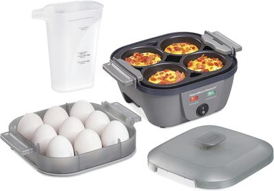 Hamilton Beach 6-in-1 Electric Egg Cooker for Hard Boiled Eggs, Sous Vide Style Egg Bite Maker and Poacher, 5.25” Non-Stick Skillet for Omelets, Scrambling &amp; Frying, Grey (25510)