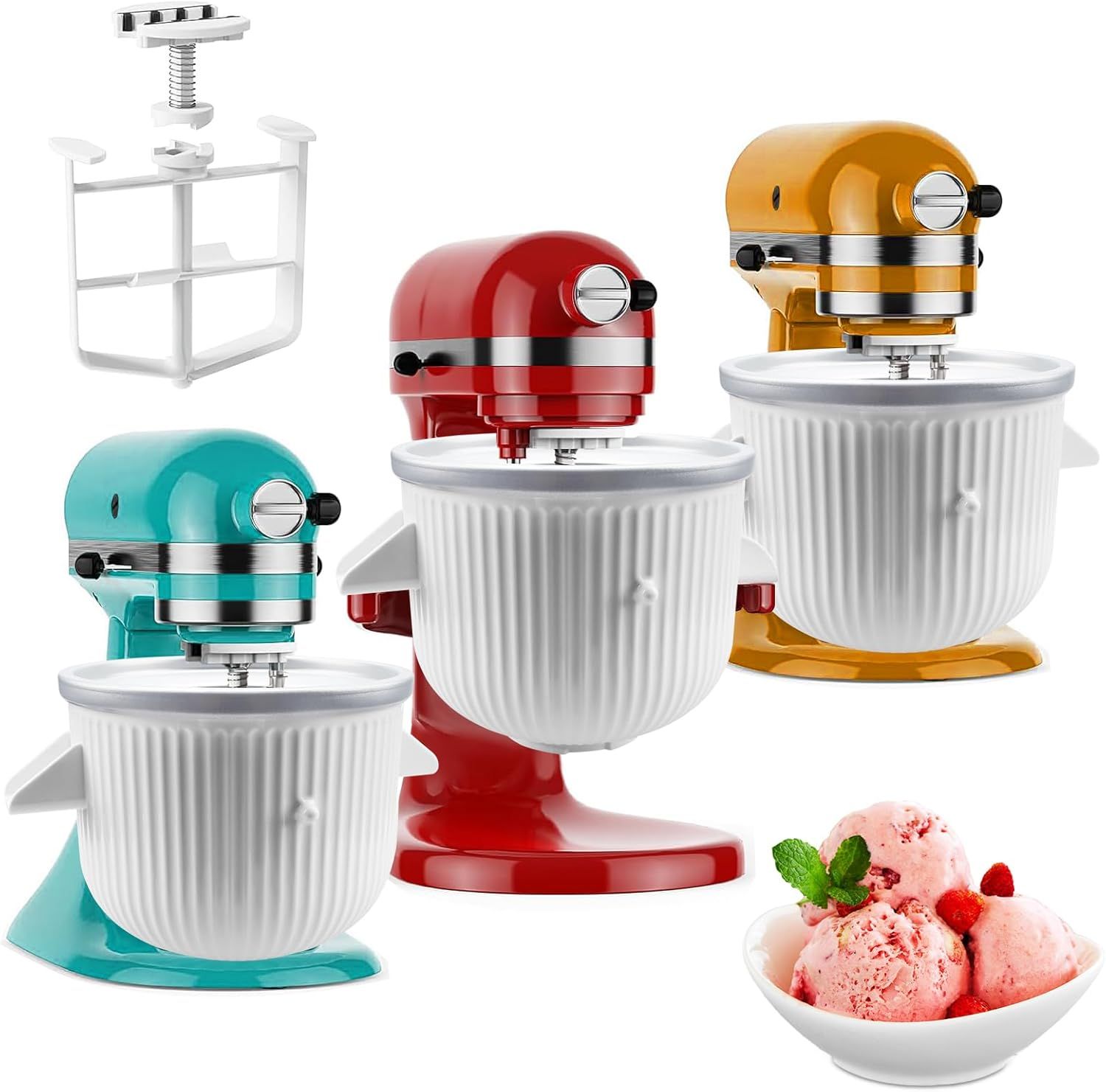 Ice Cream Maker Attachment for KitchenAid Stand Mixer, Ice Cream Bowl Compatible with 4.5Qt and Larger Stand Mixers, Ice Cream &amp; Sorbet Gelato Maker Attachment, 2 Quart, White