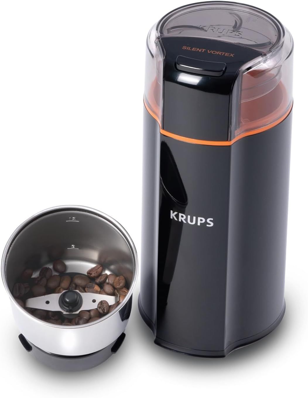 KRUPS Silent Vortex Electric Coffee Grinder: 3 oz Capacity, 5x Quieter, 175W Motor for Coffee Beans, Spices &amp; Herbs - Removable Dishwasher-Safe Bowl, 12-Cup Yield, Black