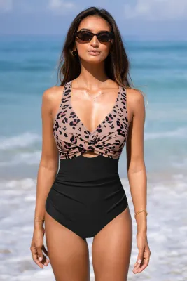 Leopard Print Cross Back Ruched One Piece Swimsuit
