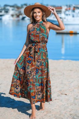 Abstract Boho Halterneck Maxi Dress