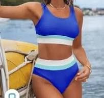 Sunny Blue Colorblock Bralette &amp; Banded High Waist Bikini Set