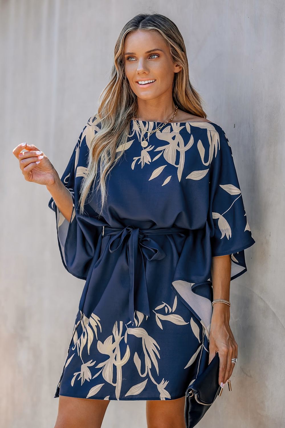 Leaf Print One-Shoulder Belted Dress