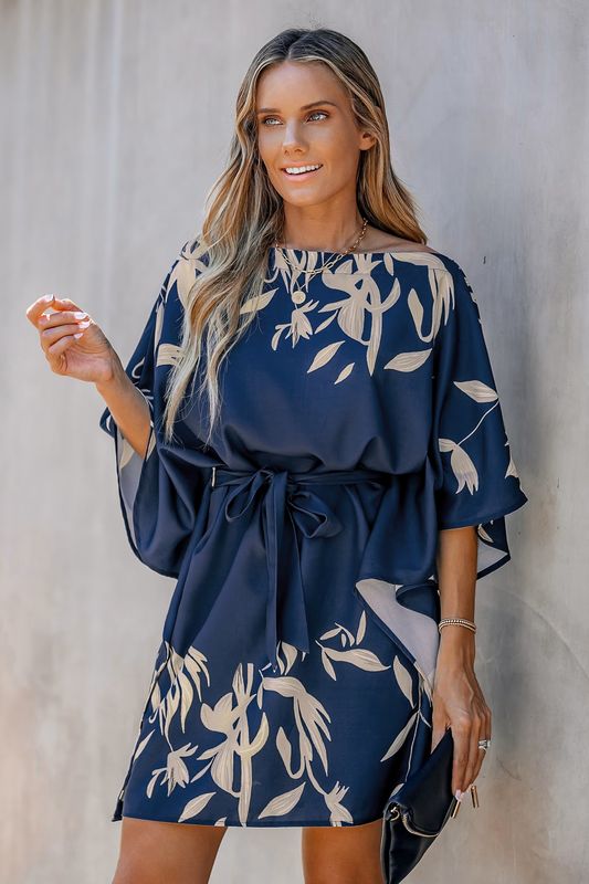 Leaf Print One-Shoulder Belted Dress