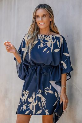 Leaf Print One-Shoulder Belted Dress