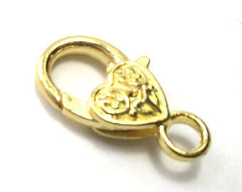 Lobster Claw Large 30mm with Heart Pattern Bright Gold