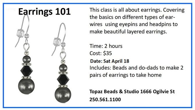 CLASS: Earrings 101 Sat Apr 18 1-11pm