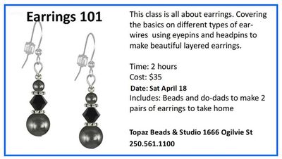 CLASS: Earrings 101 Sat Apr 18 1-11pm
