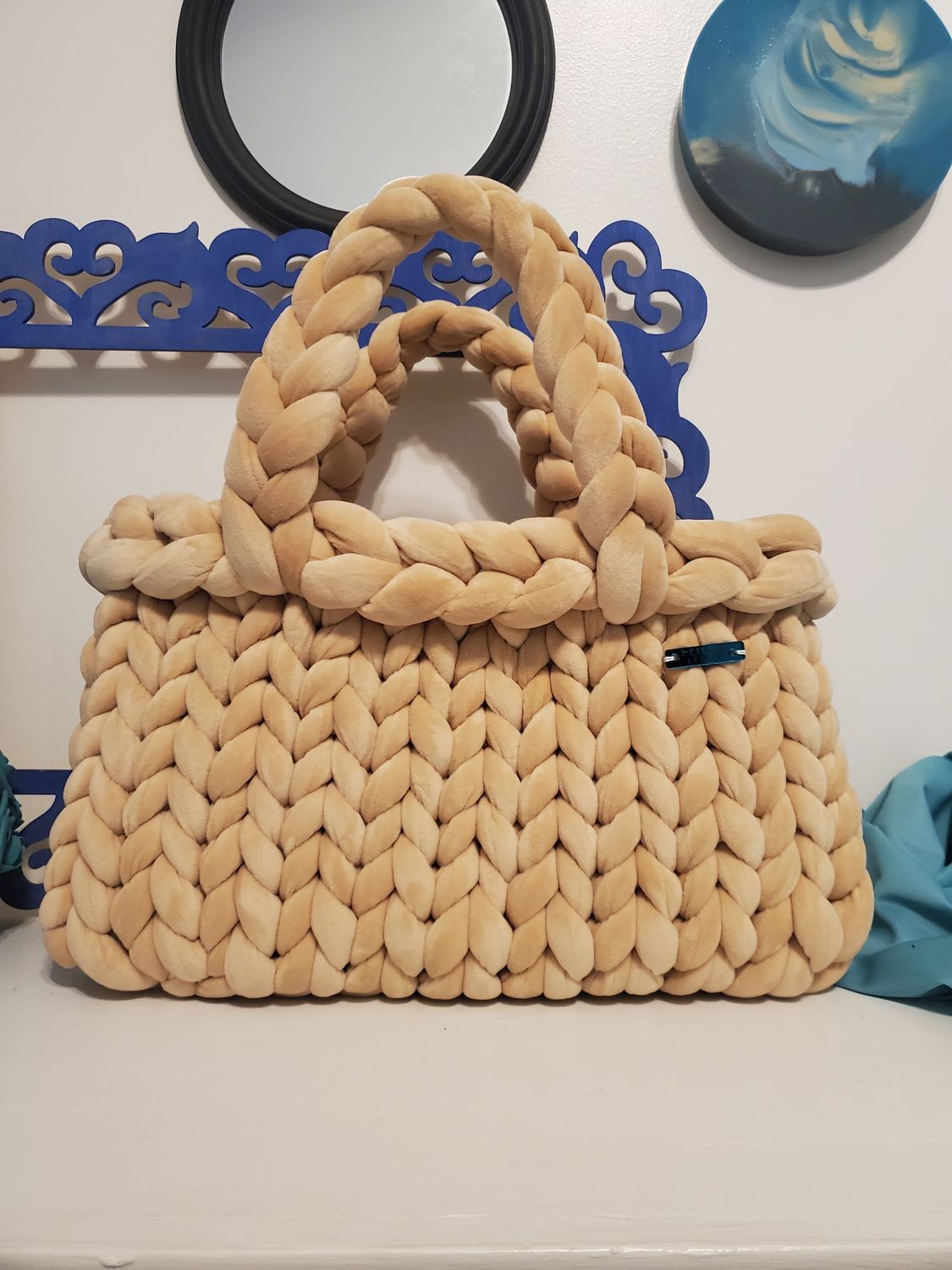 Khaki Velvet Hand-Knit Tote