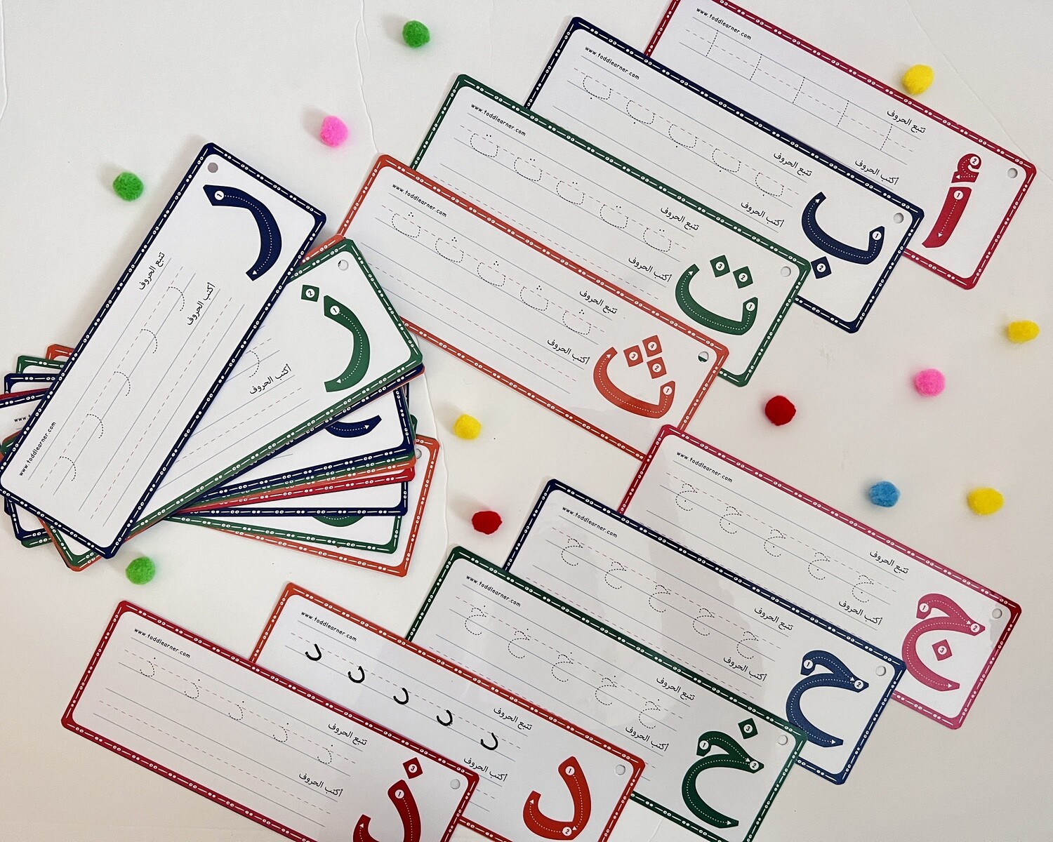 Arabic Writing Practice Cards for Kids. Colorful Tracing Letters with directions.
