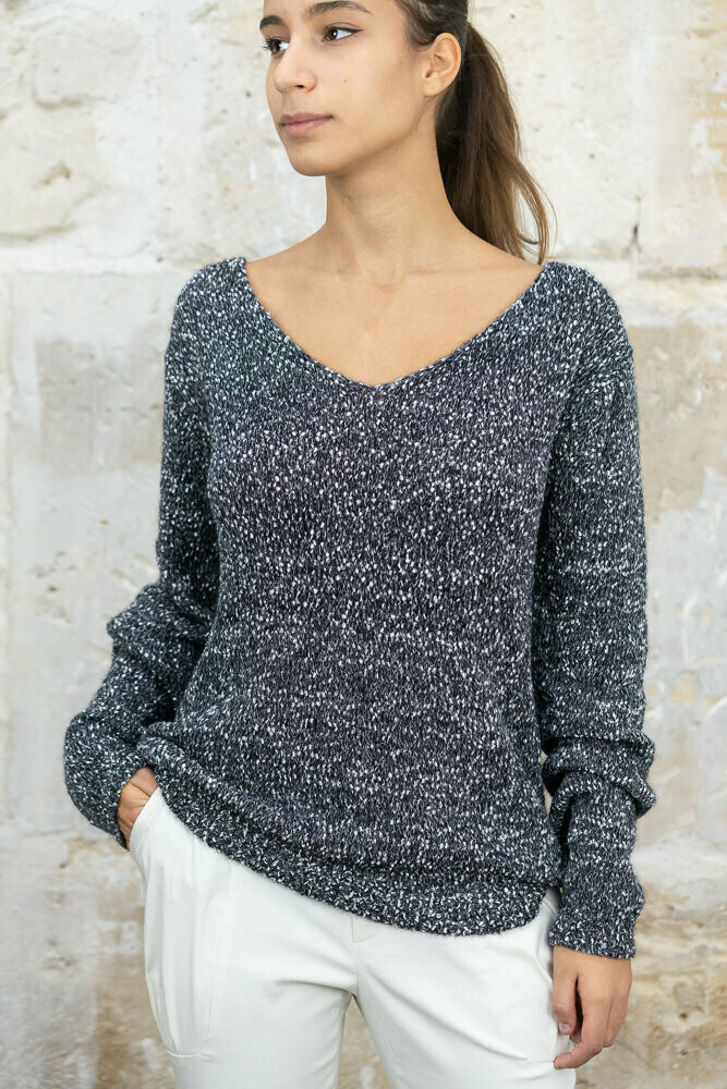 Wide V-Neck Tweed Sweater