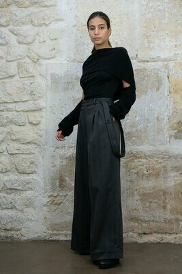 Flared Pleated Pants with Suspenders