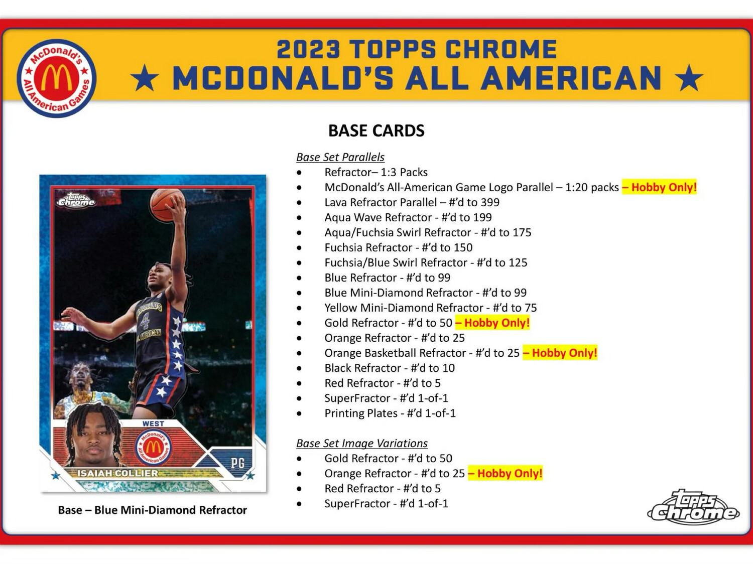 2023 Topps McDonald&#39;s All American Chrome Basketball Hobby Pack