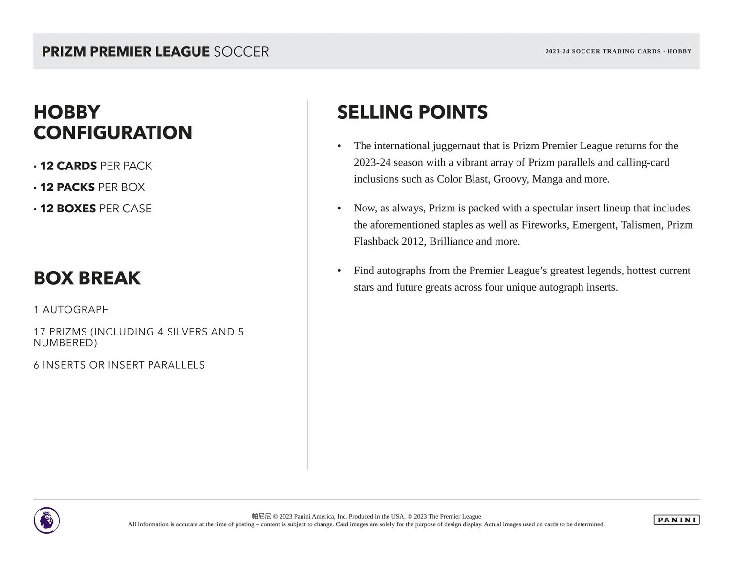 2023/24 Panini Prizm Premier League EPL Soccer Hobby Pack