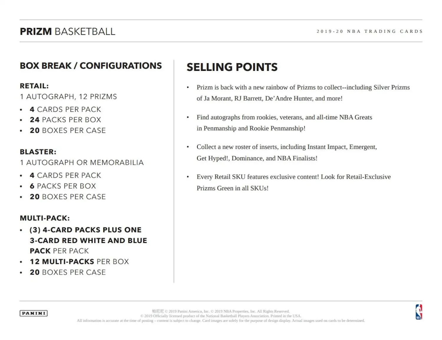 2019/20 Panini Prizm Basketball Retail Box