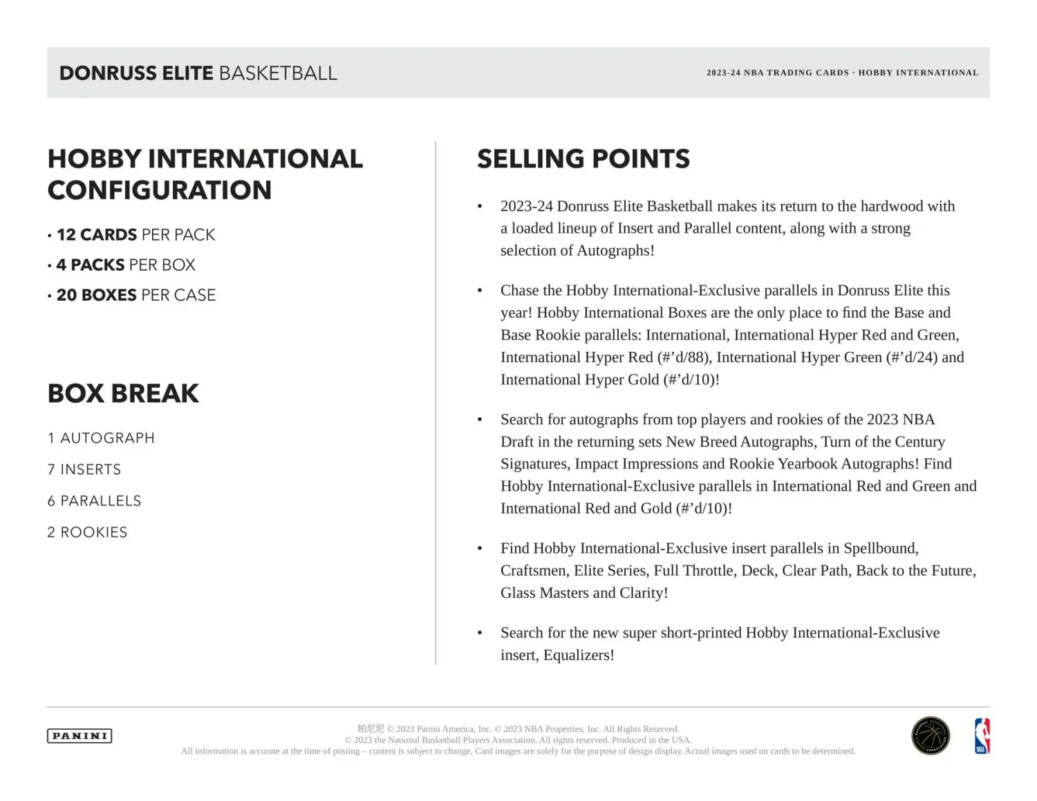 2023/24 Panini Donruss Elite Basketball International Hobby Box