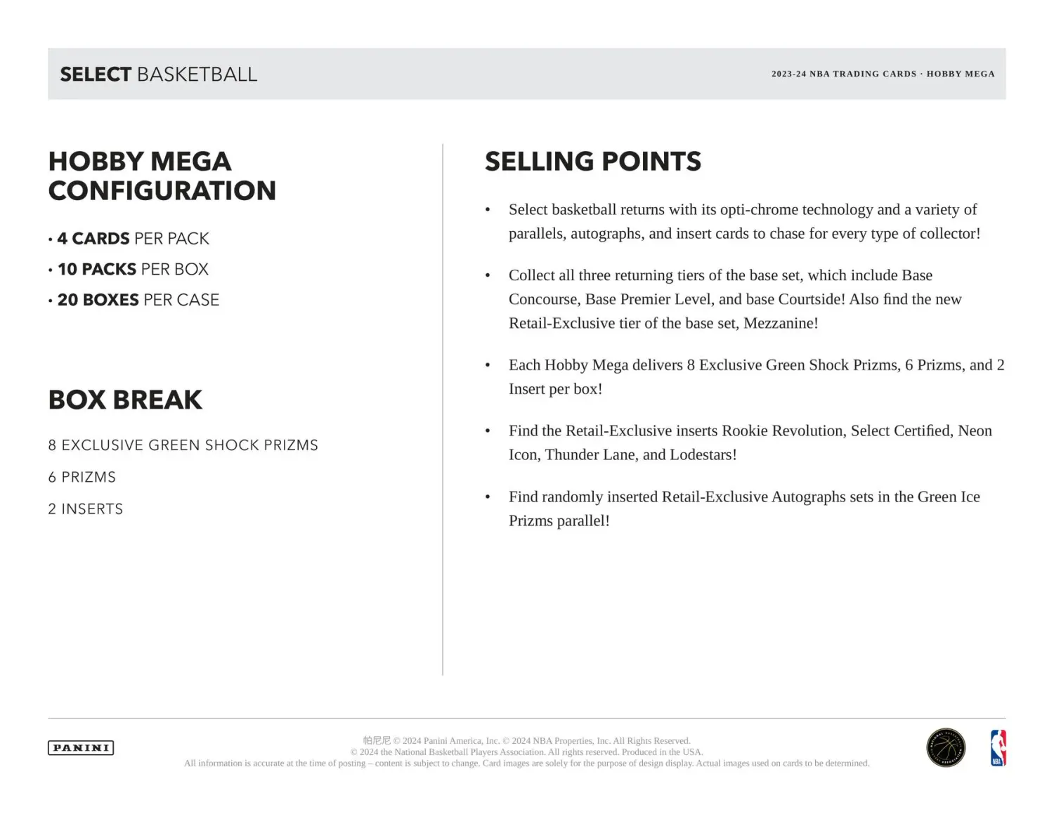 2023/24 Panini Select Basketball Hobby Mega Box (Green Shock Prizms)
