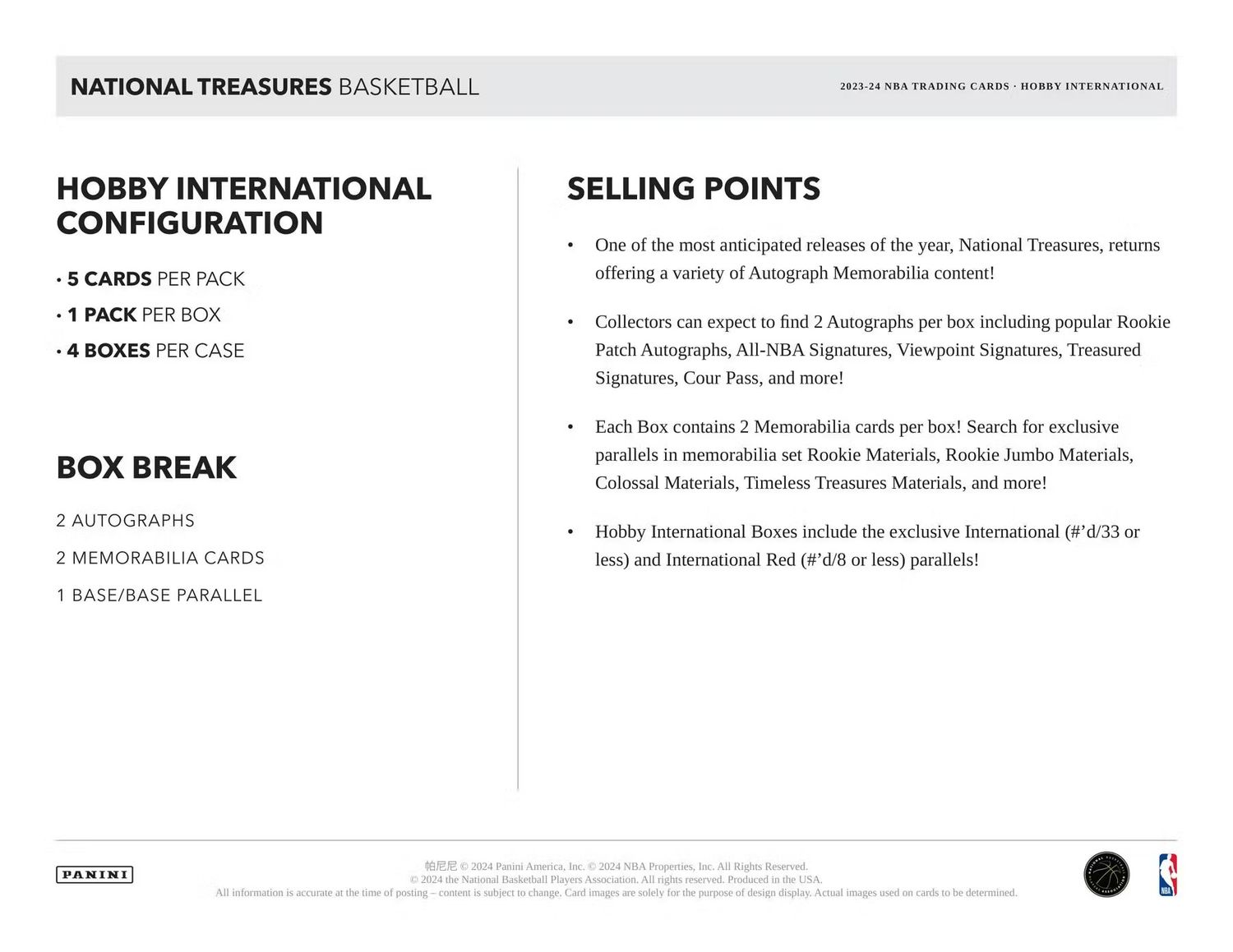 2023/24 Panini National Treasures Basketball International Hobby Box