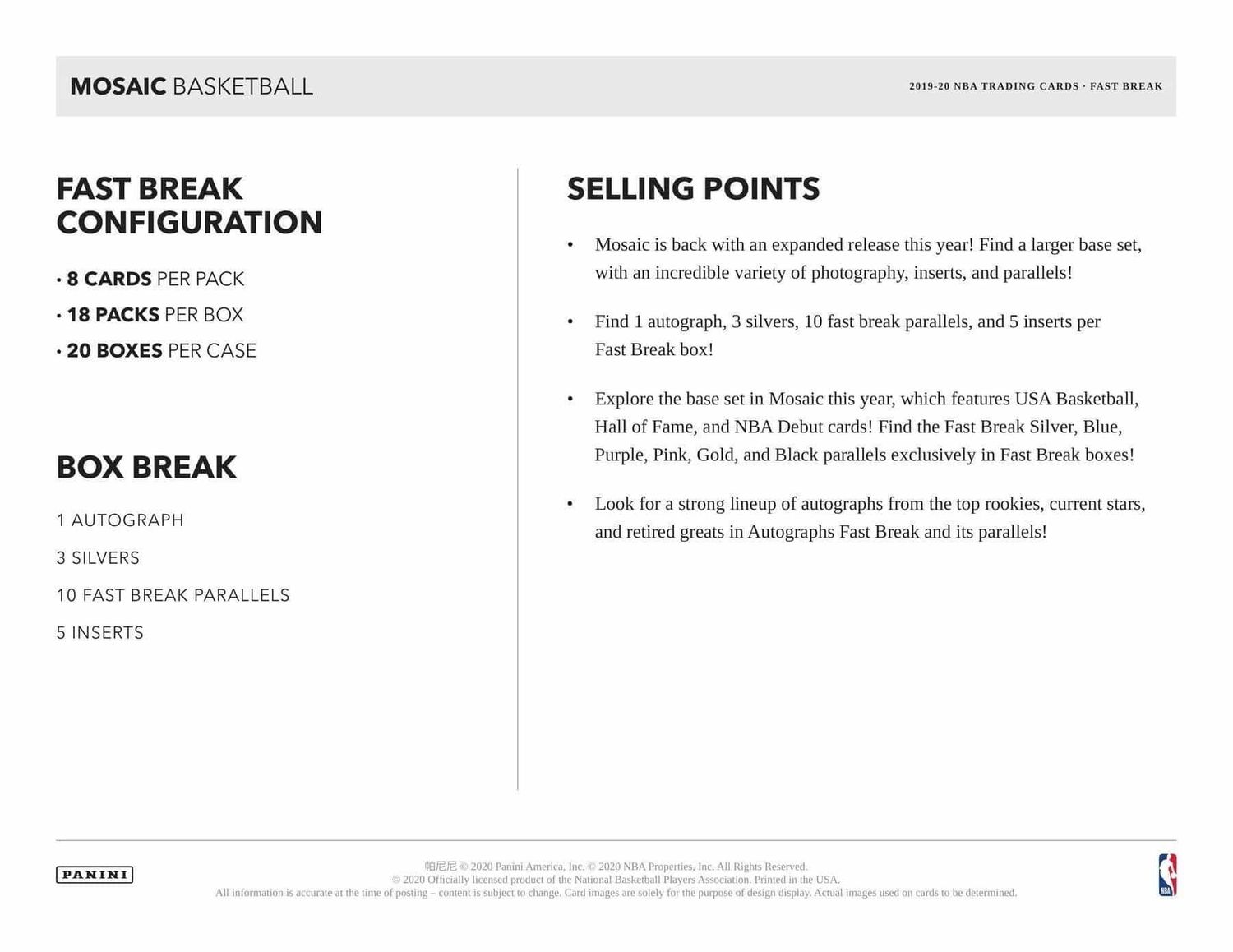 2019/20 Panini Mosaic Basketball Fast Break Hobby Box