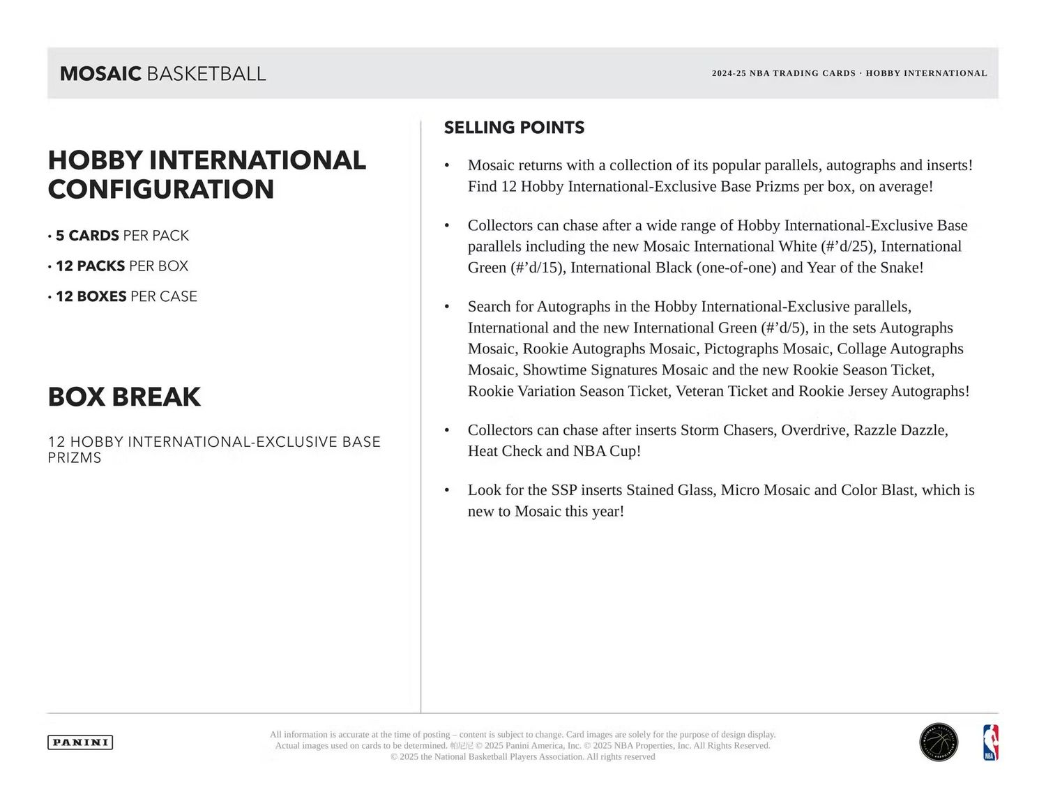 2024/25 Panini Mosaic Basketball International Hobby Box