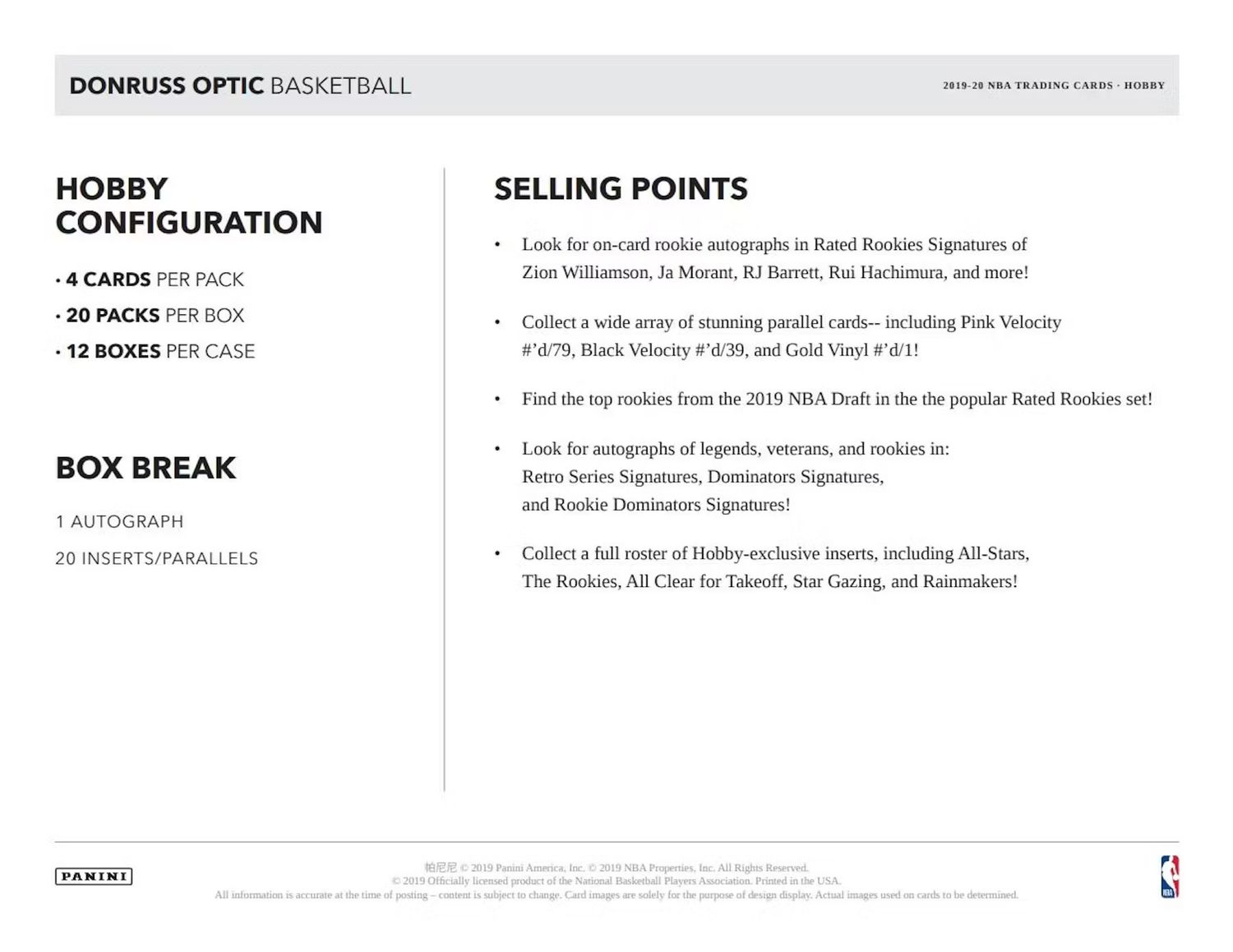 2019/20 Panini Donruss Optic Basketball Hobby Box (coming soon)