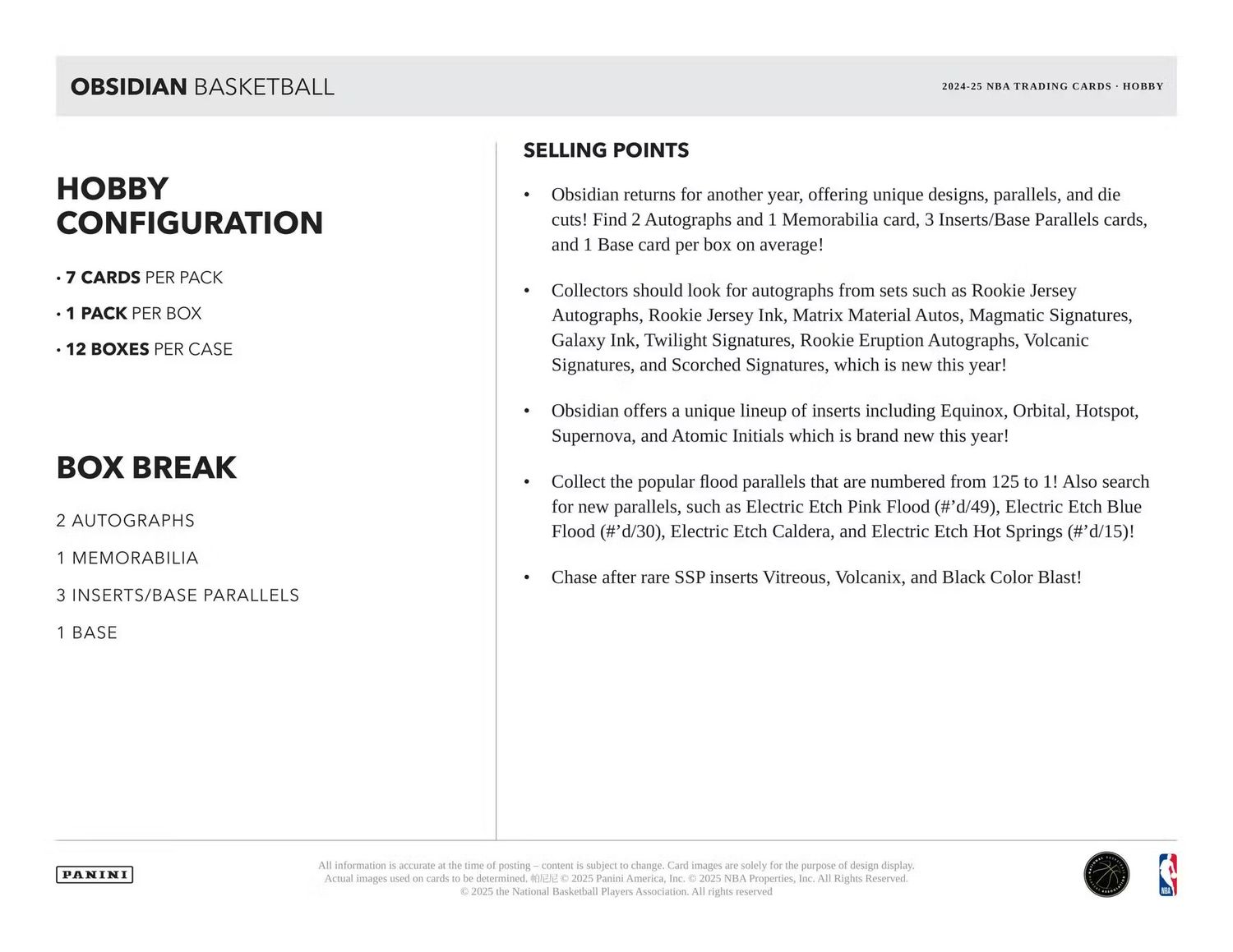 2024/25 Panini Obsidian Basketball Hobby Box (Preorder)