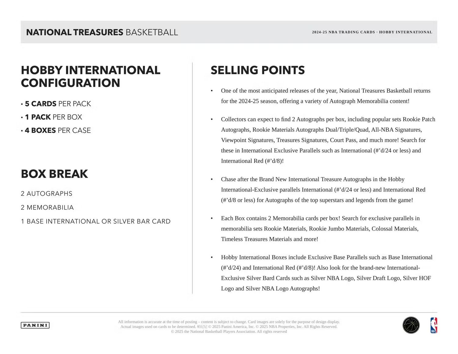 2024/25 Panini National Treasures Basketball International Hobby Box