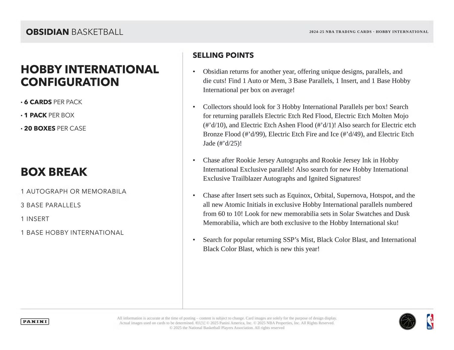 2024/25 Panini Obsidian Basketball International Hobby Box (coming soon)