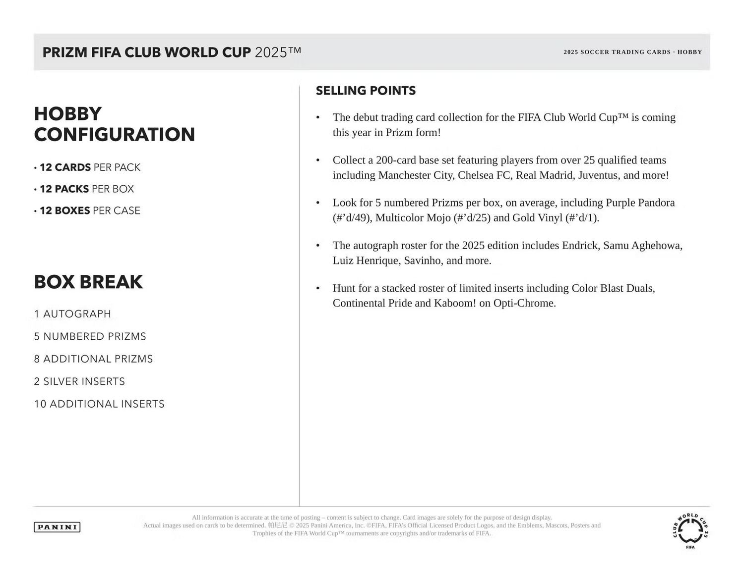 2025 Panini Prizm FIFA Club World Cup Soccer Hobby Box