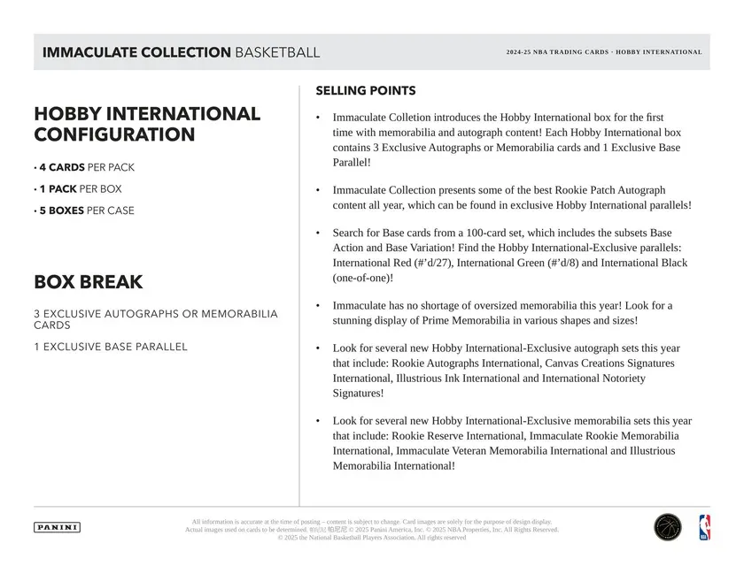 2024/25 Panini Immaculate International Basketball Hobby Box