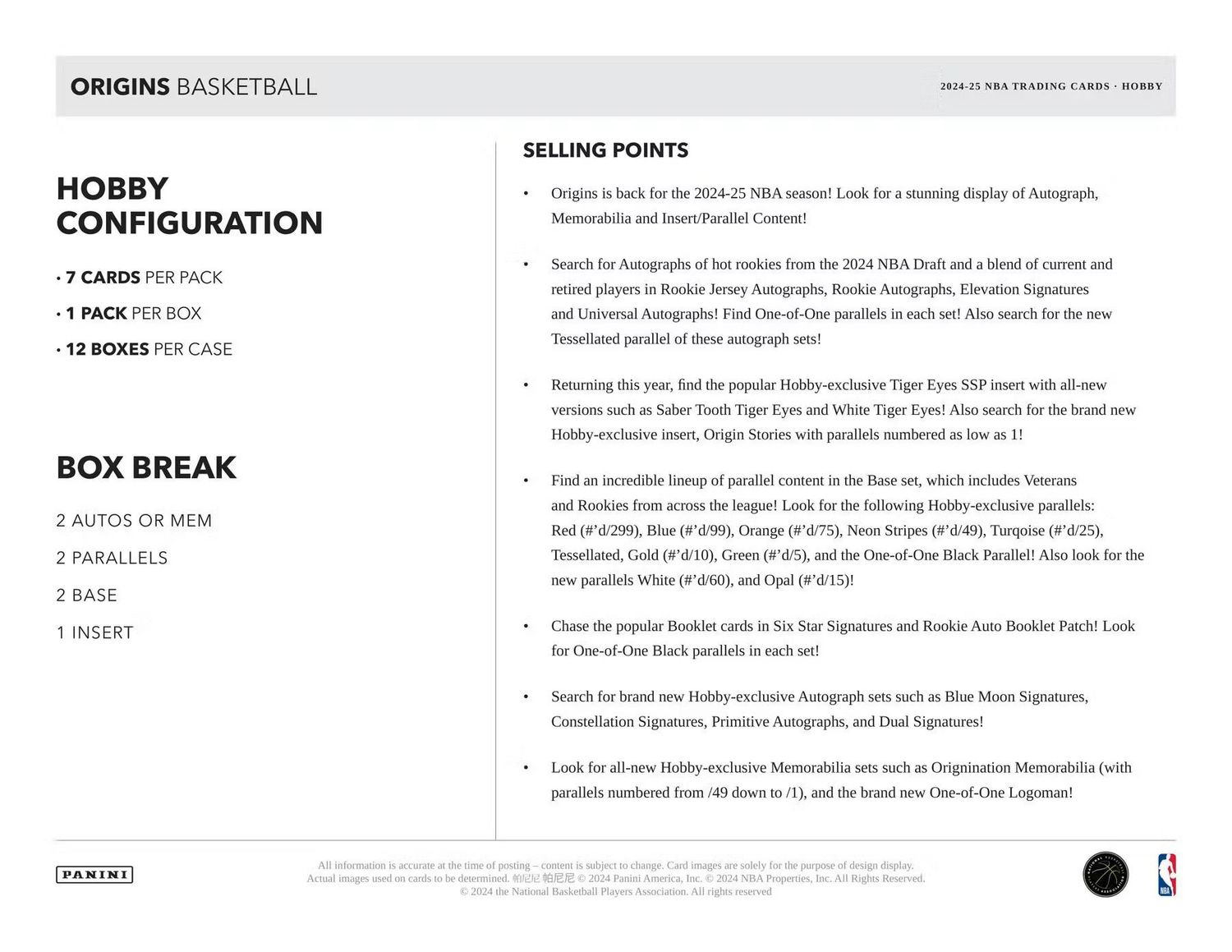 2024/25 Panini Origins Basketball Hobby Box