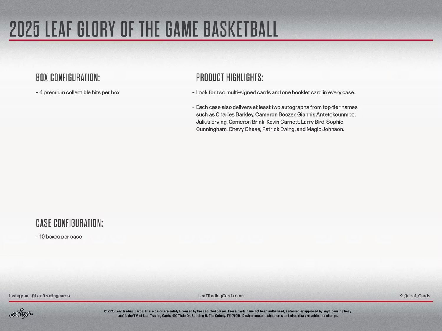 2025 Leaf Glory of the Game Basketball Hobby Box (Coming soon)