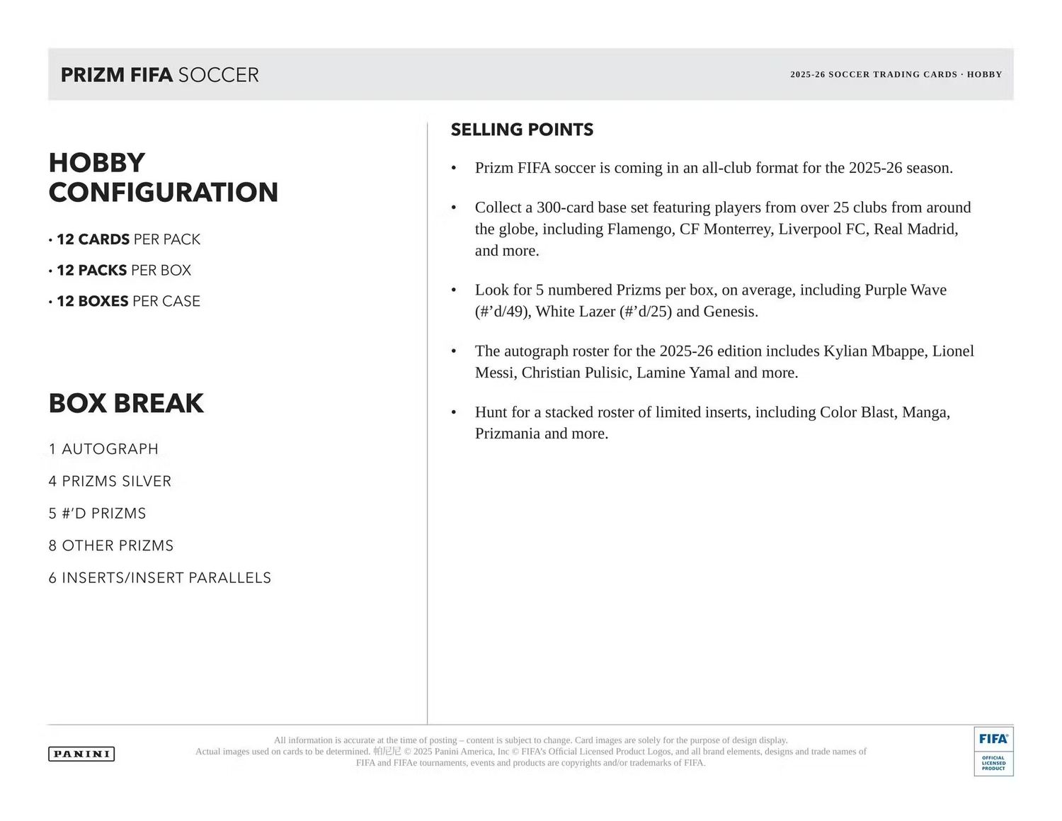 2025/26 Panini Prizm FIFA Soccer Hobby Box (Coming soon)