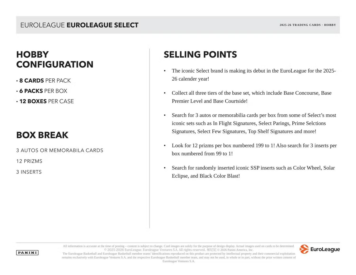 2025/26 Panini Select EuroLeague Basketball Hobby Box (Coming soon)