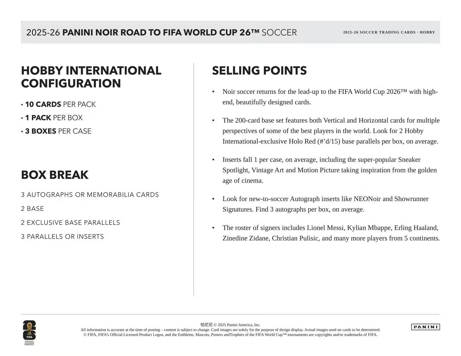 2025/26 Panini Noir Road to FIFA World Cup Soccer Hobby International Box