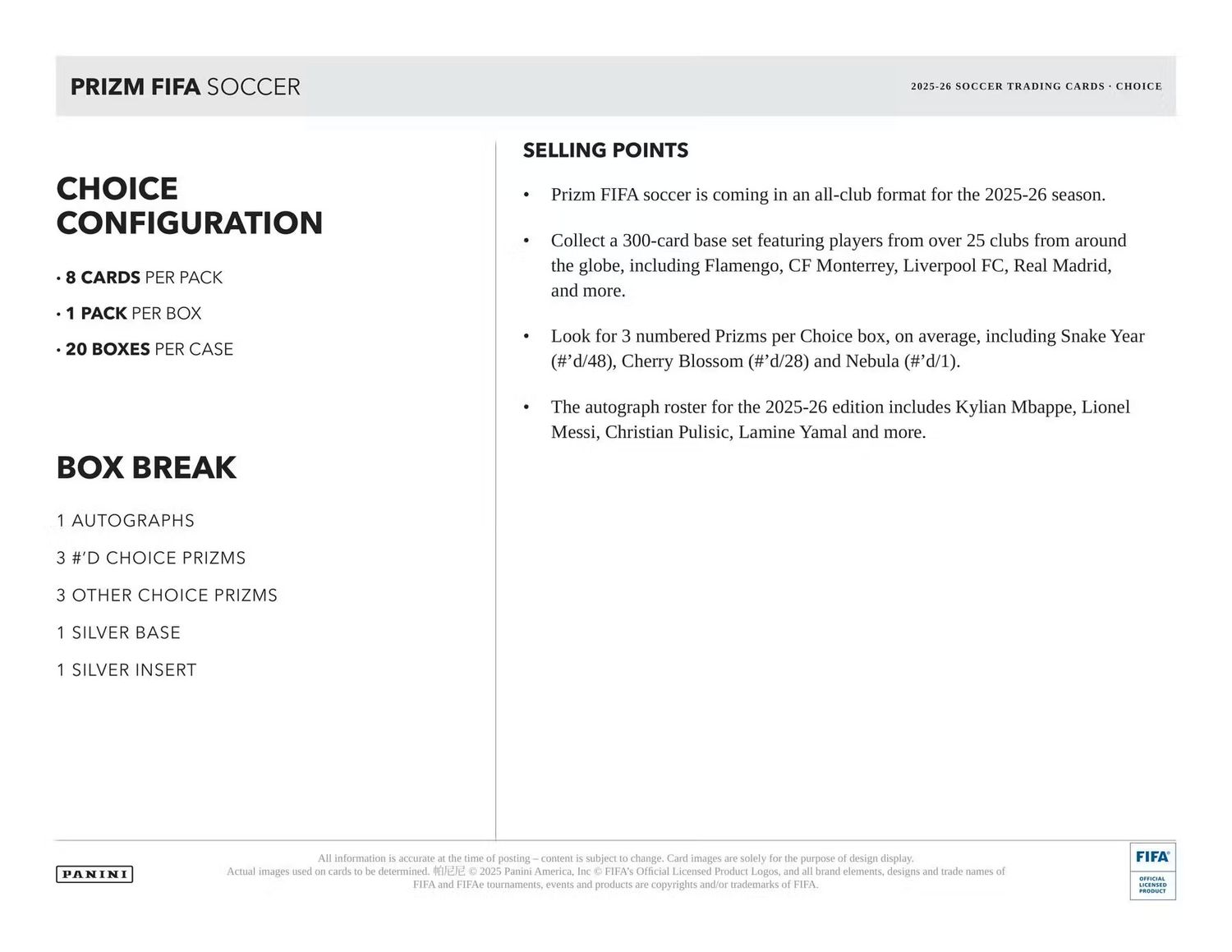 2025/26 Panini Prizm FIFA Soccer Choice 20-Box Case