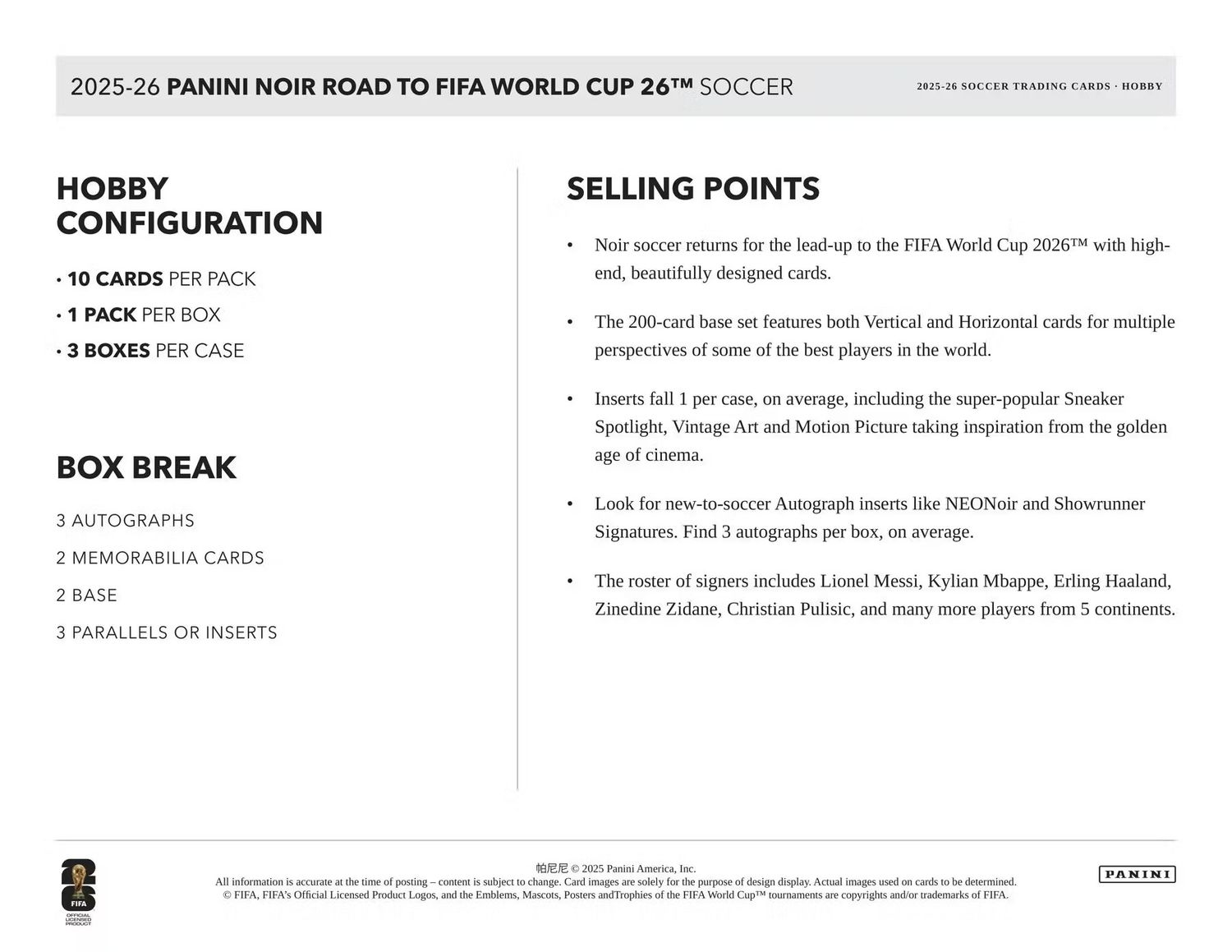 2025/26 Panini Noir Road to FIFA World Cup Soccer Hobby Box