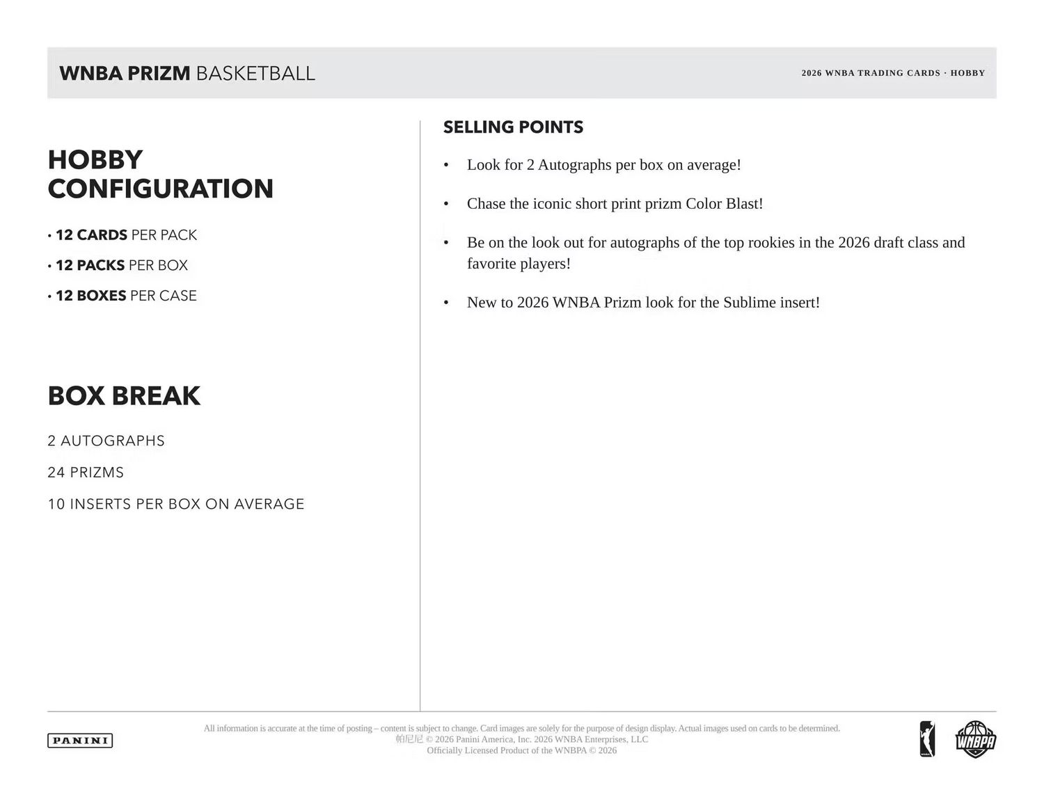 2026 Panini Prizm WNBA Basketball Hobby Box (Coming soon)