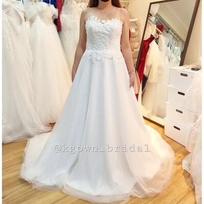 Illusion neckline A line wedding dress with lace