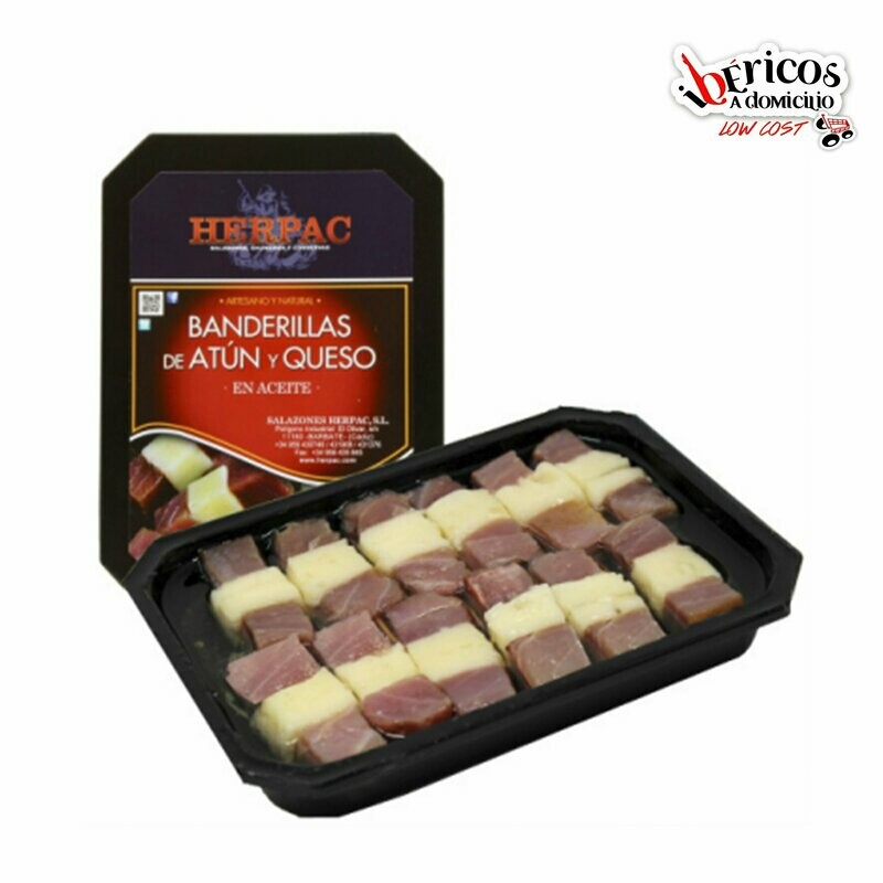 BANDERILLAS DE ATÚN Y QUESO 12 Unidades , pueden llegar a ser adictivas. Daditos de atún ahumado y queso conservadas en aceite.