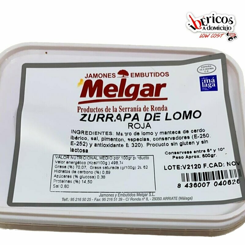 ZURRAPA DE LOMO ROJA 0.5 kg, muy parecida al paté pero más fibrosa y que tiene como condimento principal el pimentón dulce.