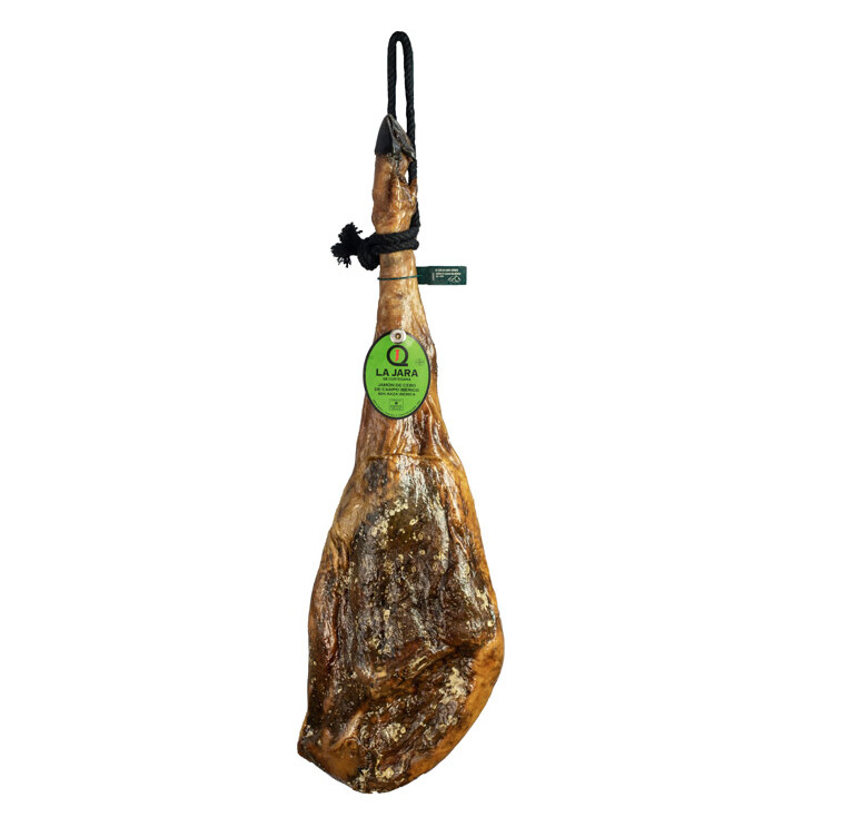 JAMONES CORTADO A CUCHILLO Y ENVASADO AL VACIO:
Jamón de Cebo Campo Ibérico 50% Raza Ibérica «La Jara»