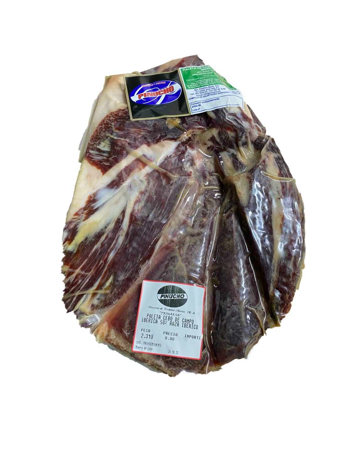 JAMON IBÉRICO CEBO CAMPO "PALETA" Deshuesada y envasada al vacio 2,5 Kg Aprx Su aroma es intenso e inconfundible. El sabor es suave.