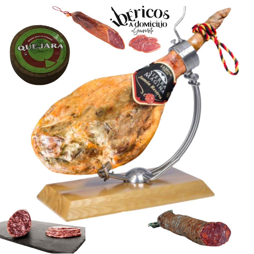 ¡DESCUBRE EL EXQUISITO LOTE-CESTA RESERVA GOURMET! 
Jamón Serrano, Queso Mezcla Curado, Salchichón, Chorizo y Lomo Embuchado - ¡Saboréalo todo en un solo pack!