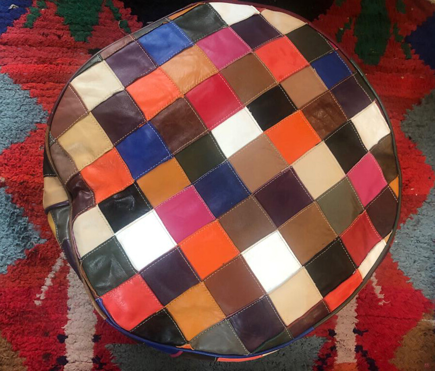 Hand Made Moroccan Multi Coloured Patchwork Leather Pouffe