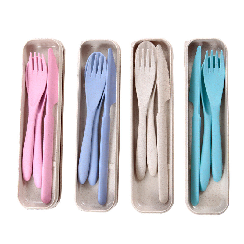 3-Piece Colorful Eco-Friendly Wheat Straw Reusable Cutlery Set including Biodegradable Knife Spoon Fork and Portable Case for Picnic, Traveling, Work and Party (Pink, 1)