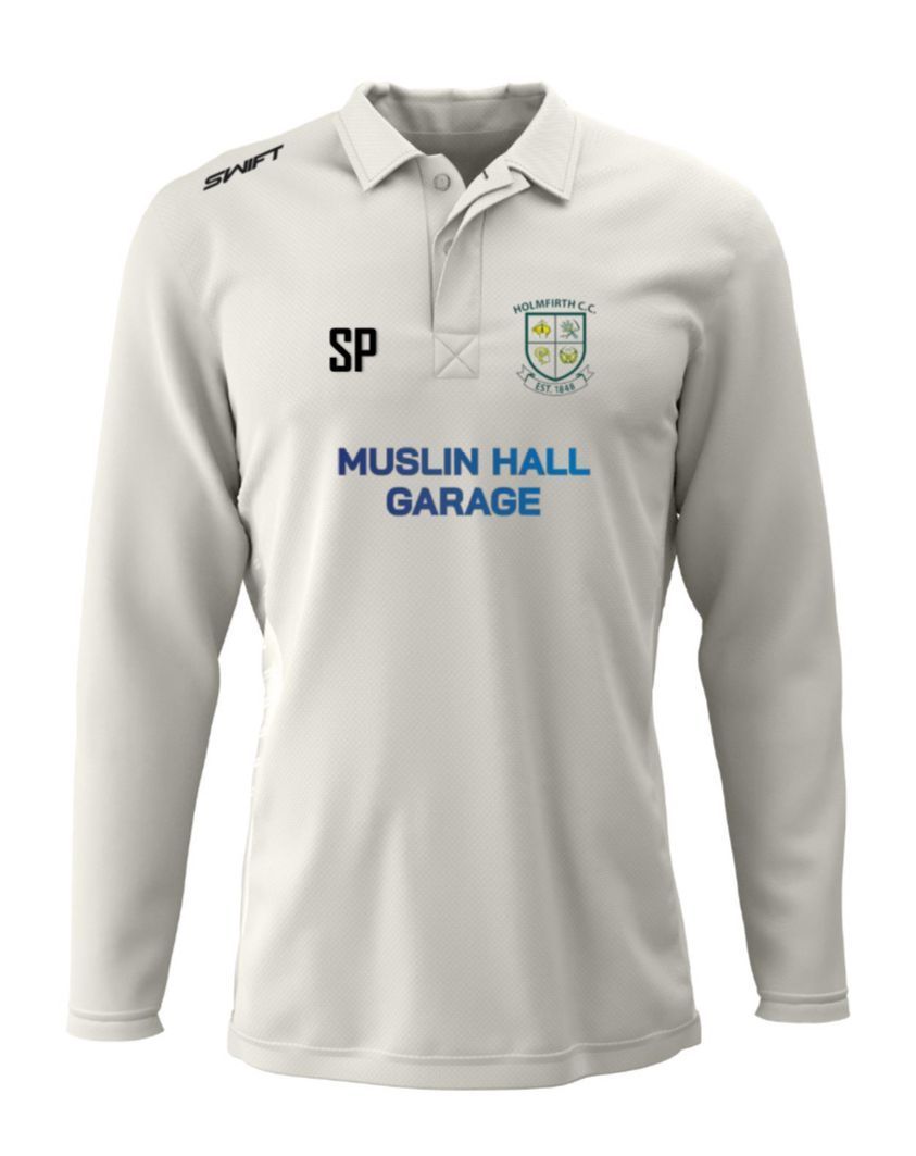Holmfirth CC (Adult) Muslin Hall Garage Long Sleeved Playing Shirt c/w Sleeve Sponsors & Back Sponsor
