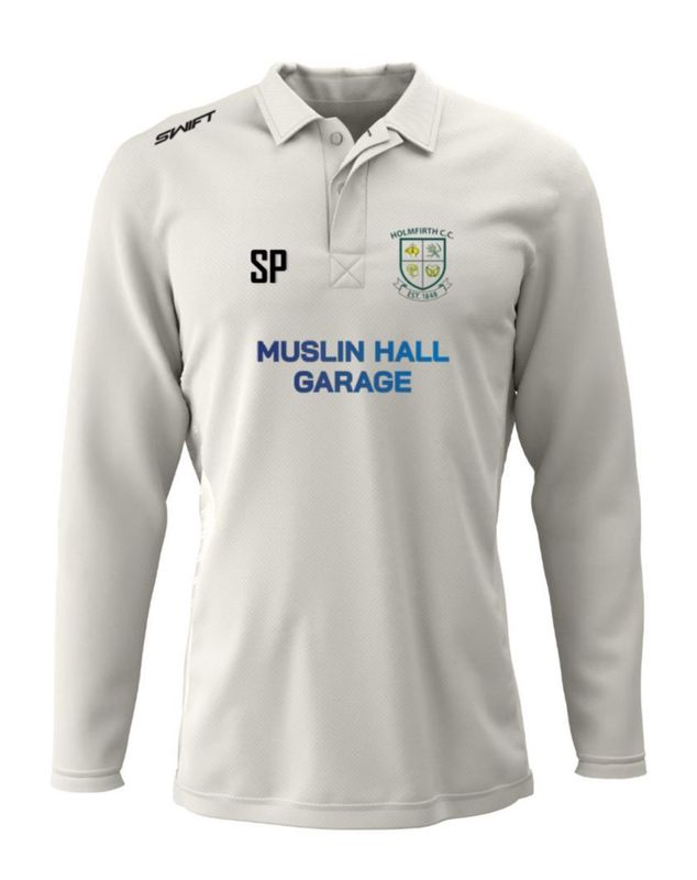 Holmfirth CC (Adult) Muslin Hall Garage Long Sleeved Playing Shirt c/w Sleeve Sponsors & Back Sponsor